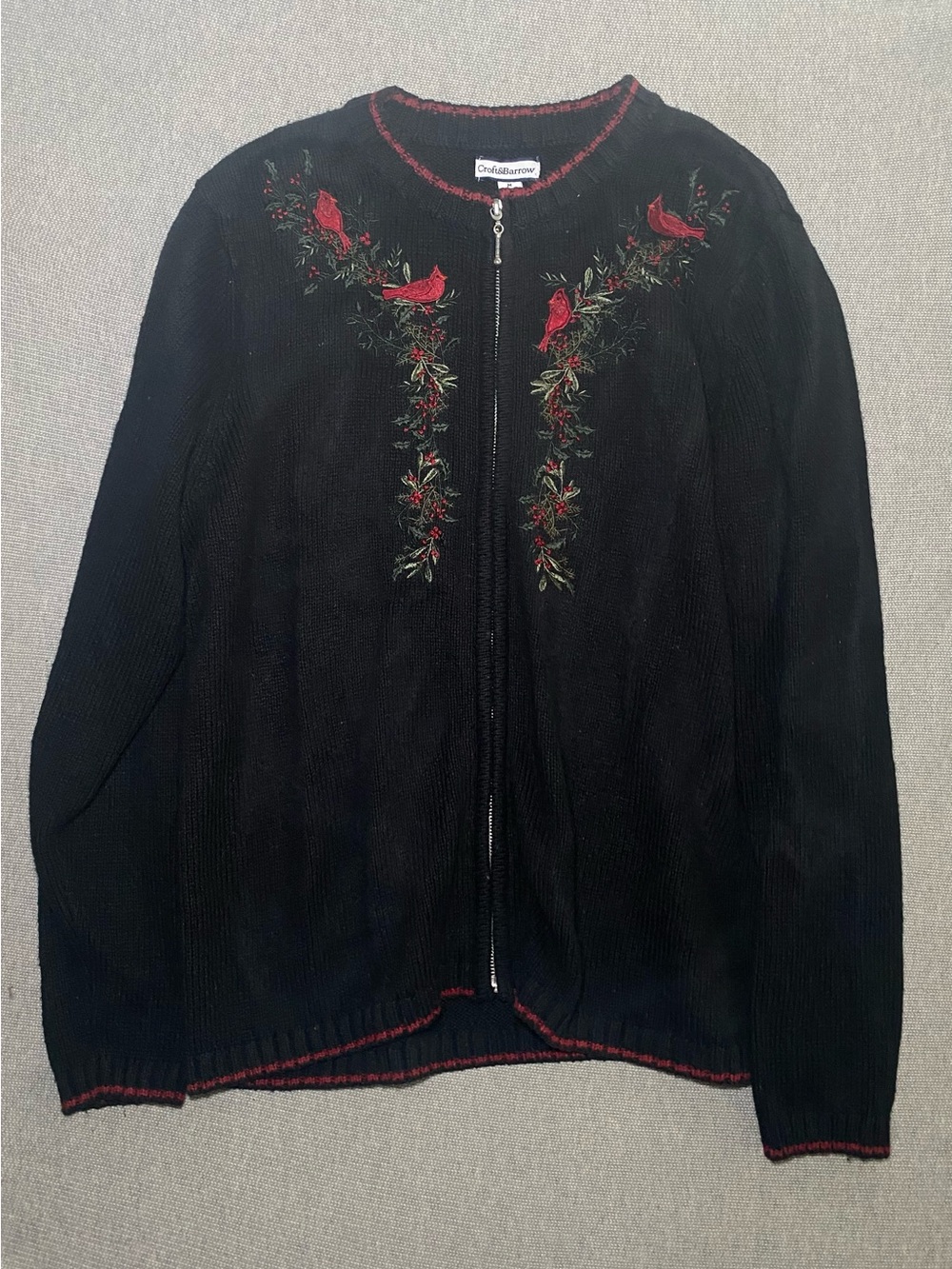 Croft & Barrow Embroidered Cardinal Birds Cardigan Full Zip Sz M Winter